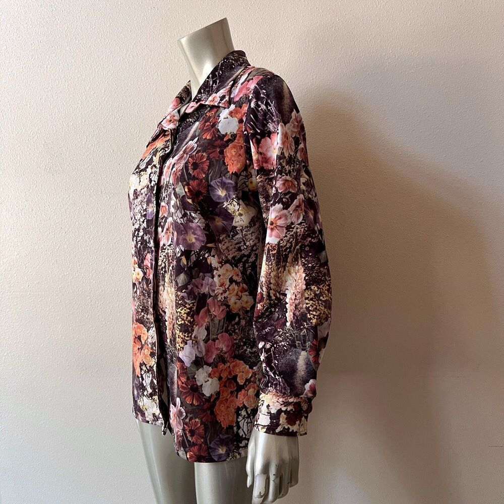 Vintage Floral Photo Print Blouse Shirt Large Button Up Top Autumn Boho 70s - Picture 9 of 13